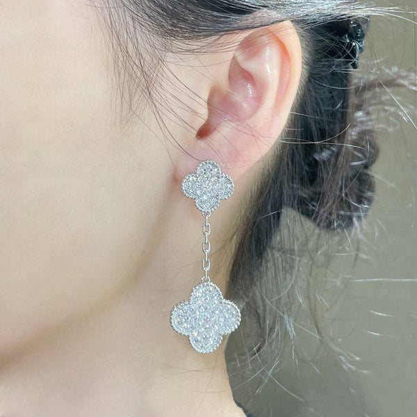 ˇShiny JewelryˇCLOVER 2 MOTIFS DIAMOND PAVED SILVER EARRINGS
