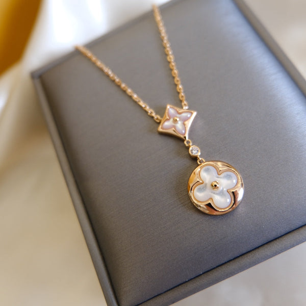 ˇShiny JewelryˇSTAR AND SUN WHITE MOP 2 MOTIF PINK GOLD NECKLACE